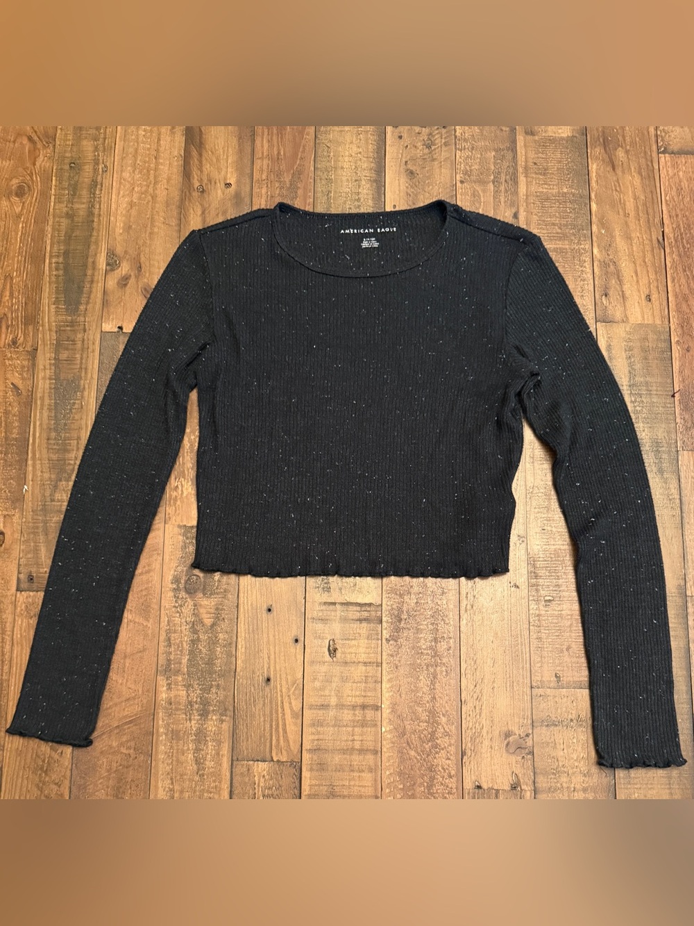 American Eagle Outfitters Black Speckled Ribbed Long-Sleeve Crop Top